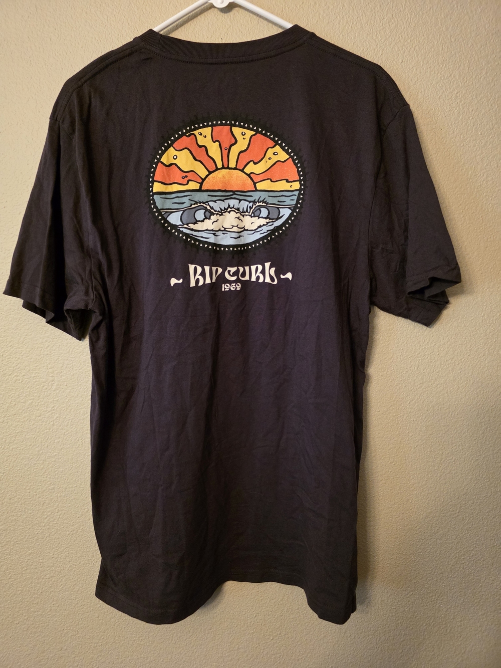 Rip Curl Black Short Sleeve Tee with Sunset Surf Graphic